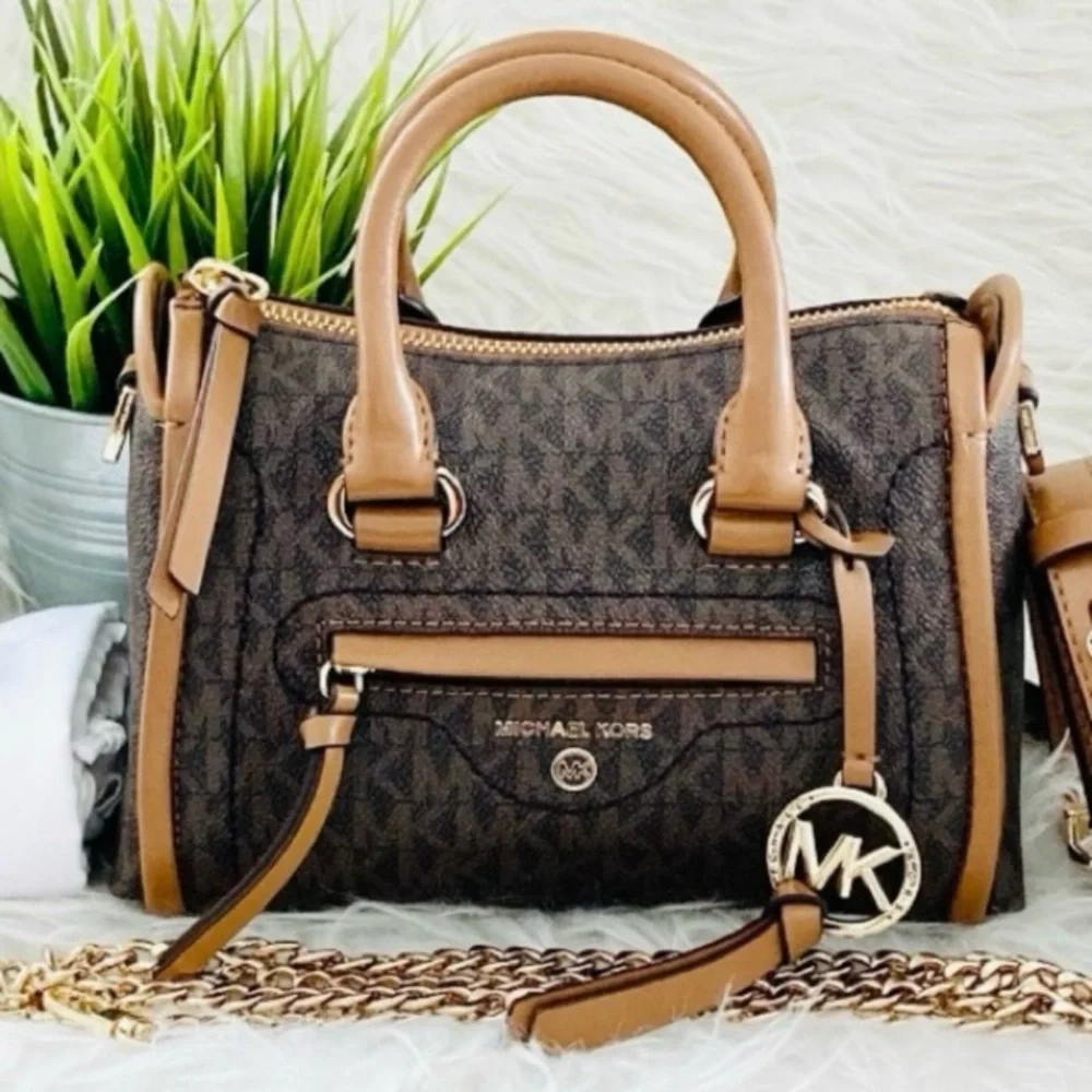 Michael Kors Carine Brown Monogram XS Satchel Crossbody Bag.